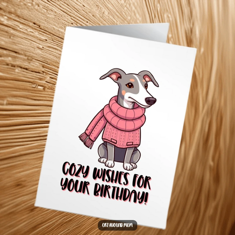 Funny Free Printable Birthday Card: Greyhound in a cozy sweater diligently knitting a very long scarf.