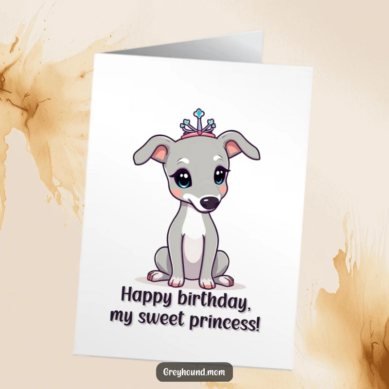 Funny Free Printable Birthday Card: A Greyhound with a tiny tiara poses elegantly, celebrating a special day.