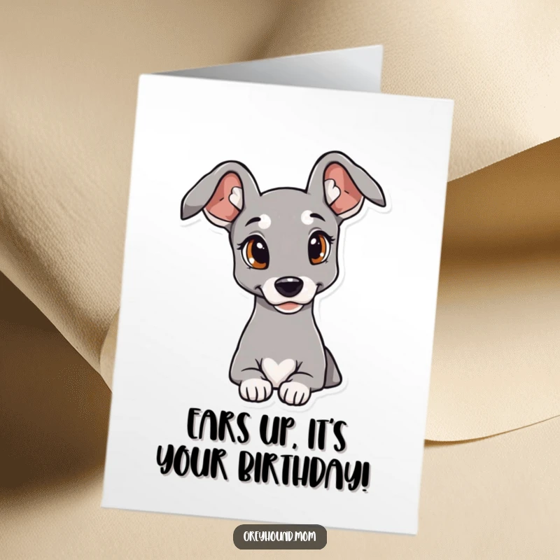 Funny Free Printable Birthday Card: Cute Greyhound with elegant ears curiously looking, perfect for a downloadable gift.