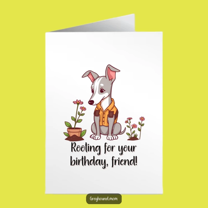Free Printable Birthday Card: Funny Greyhound Gardener Admiring Flower - Downloadable Gift