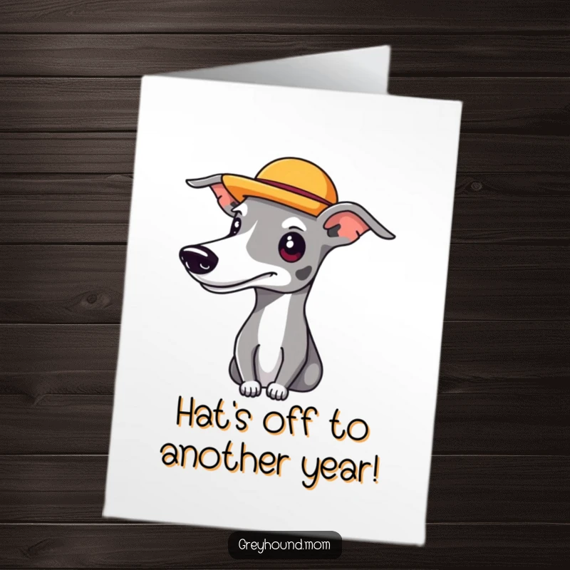 Funny Free Printable Birthday Card: A Greyhound in a jaunty hat looks playfully mischievous, ready to celebrate.