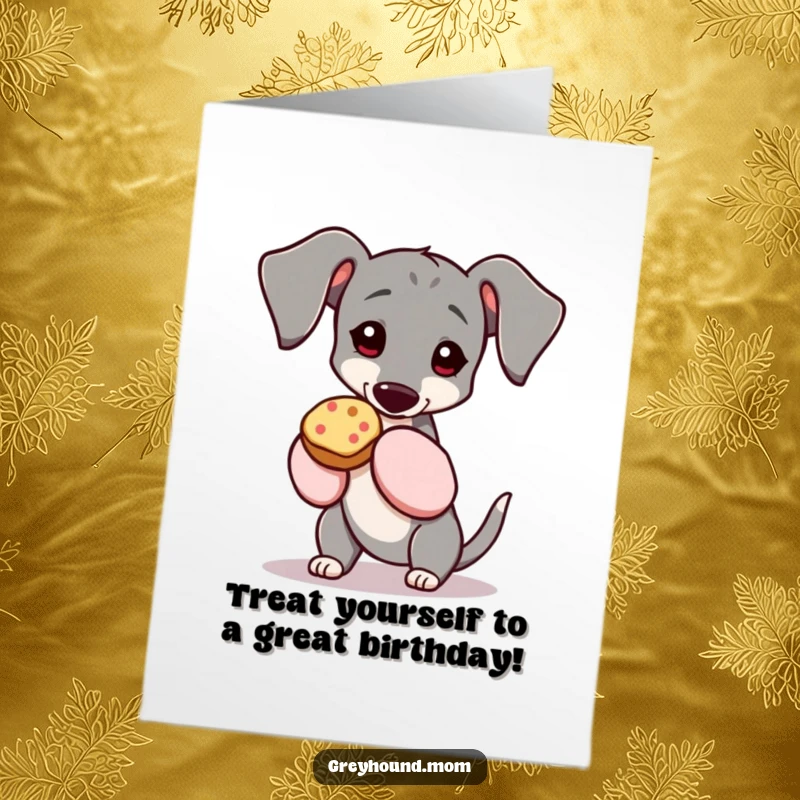 Funny Free Printable Birthday Card: Greyhound in oven mitts holding a delicious treat, ready to celebrate.