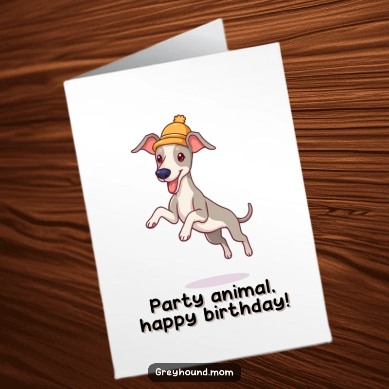 Funny Free Printable Birthday Card: Greyhound wearing tiny hat leaping playfully, a joyful and whimsical birthday surprise.