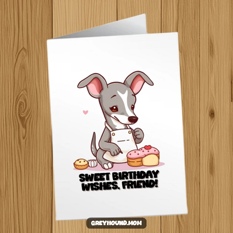 Funny Free Printable Birthday Card: Greyhound in a tiny apron artfully decorating a small pastry, adding a sweet touch to birthday wishes.