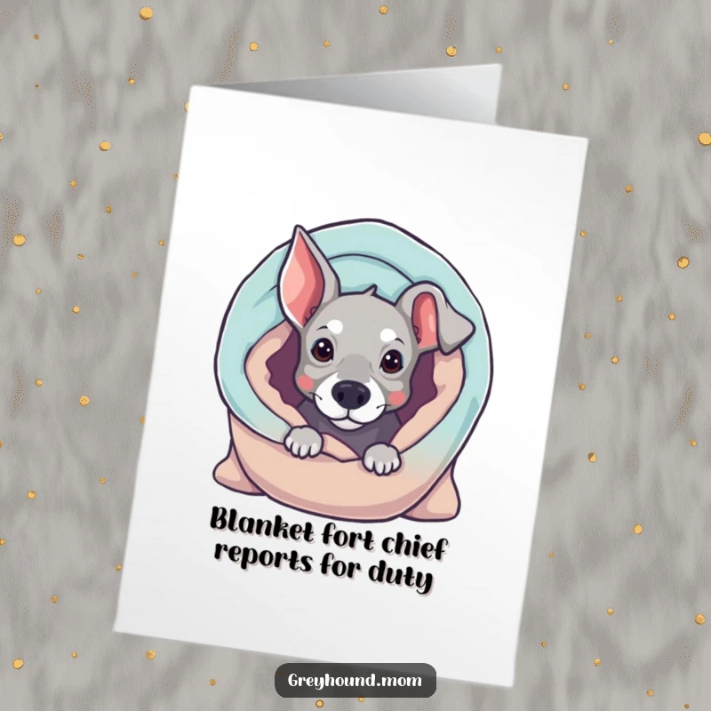 Funny Free Printable Birthday Card featuring a curious Greyhound peeking from a cozy blanket, ready to celebrate.