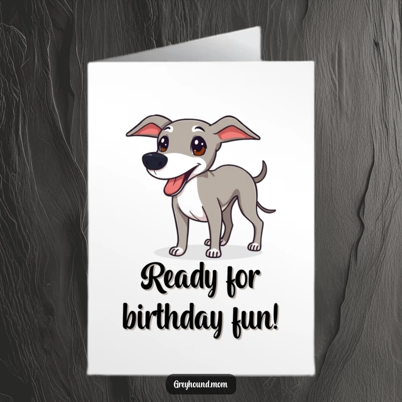 Funny Free Printable Greyhound birthday card, a sleek dog with a friendly expression, ready for fun and games.