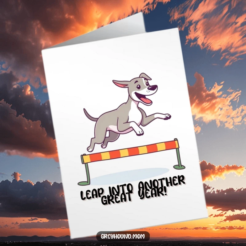 Funny Free Printable Birthday Card: Happy Greyhound joyfully leaping over a small hurdle with great enthusiasm.