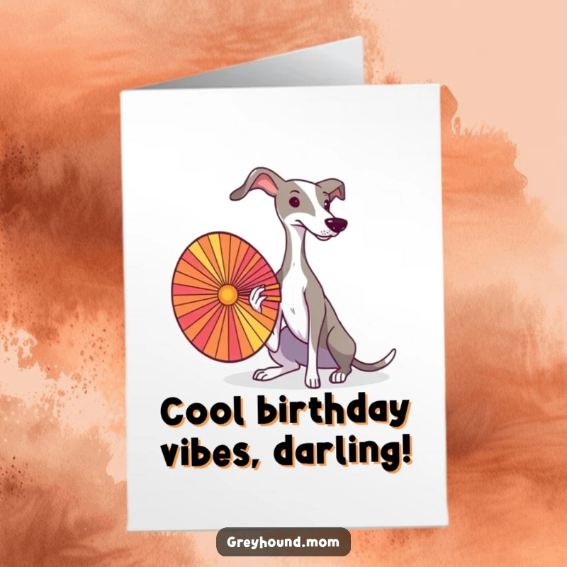 Elegant Free Printable Birthday Card: A graceful Greyhound calmly fans itself with a vibrant, colorful fan, celebrating their special day.