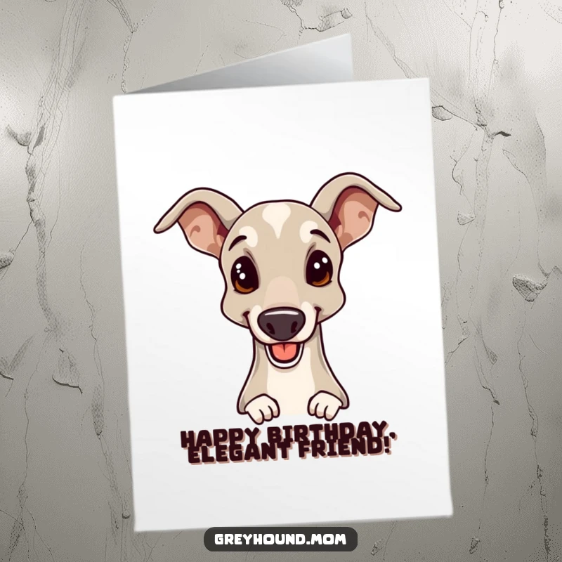 Funny Free Printable Greyhound birthday card, an elegant dog offering a gentle head nudge, conveying warm wishes.