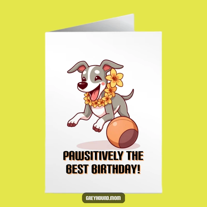 Free Printable Birthday Card: Funny Greyhound Running with Lei, Joyful Downloadable Gift