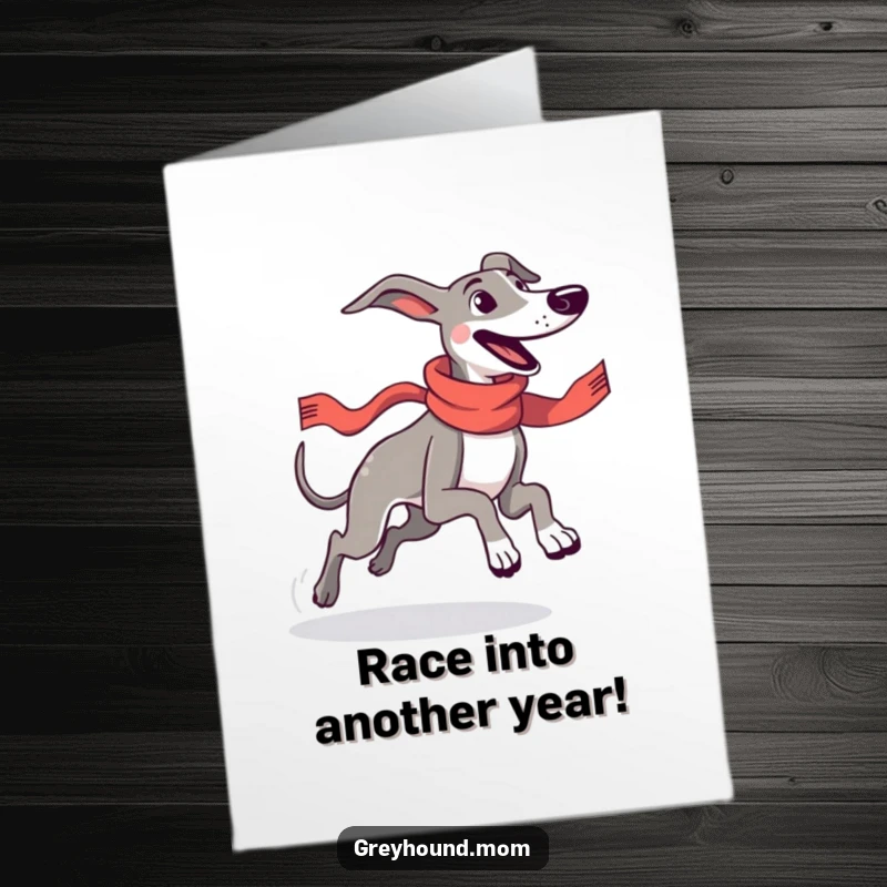 Funny Free Printable Greyhound Birthday Card: Energetic dog in racing scarf running with pure joy and excitement.