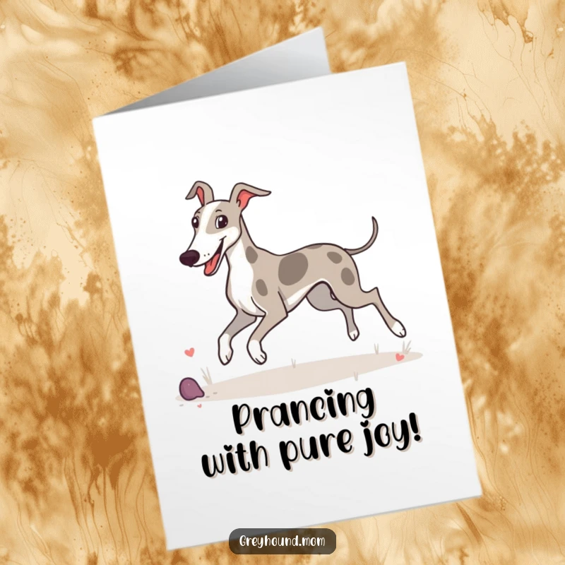 Funny Free Printable Congrats Card: A Greyhound happily prances around, enjoying its surroundings immensely