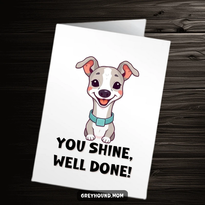 Funny Free Printable Congrats Card: Greyhound in elegant collar, smiling brightly, ideal for conveying congratulations with charm.