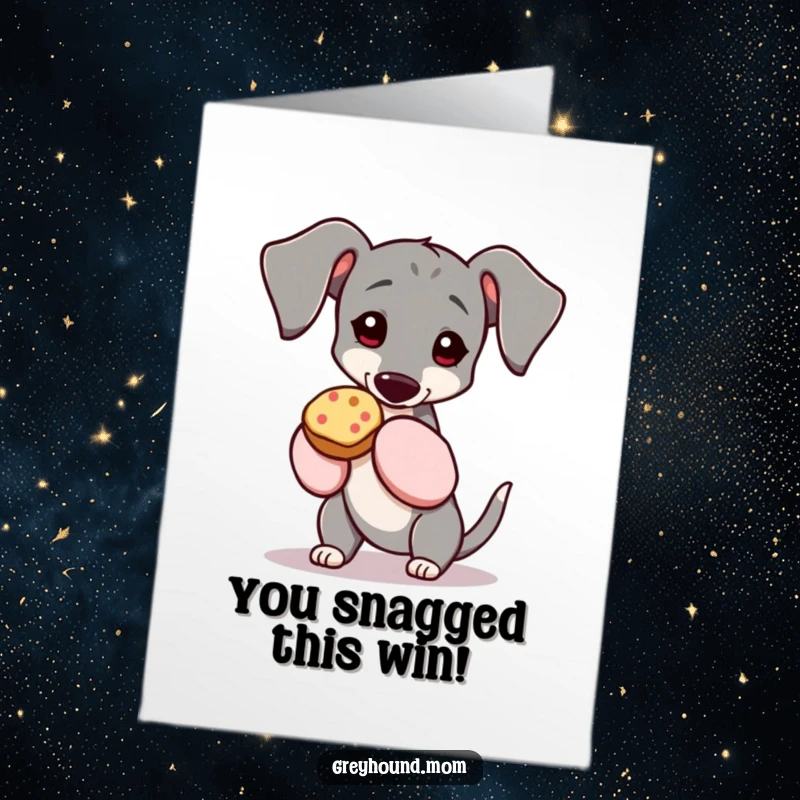 Funny Free Printable Congrats Card: A Greyhound wearing oven mitts holds a tempting treat for congratulations.