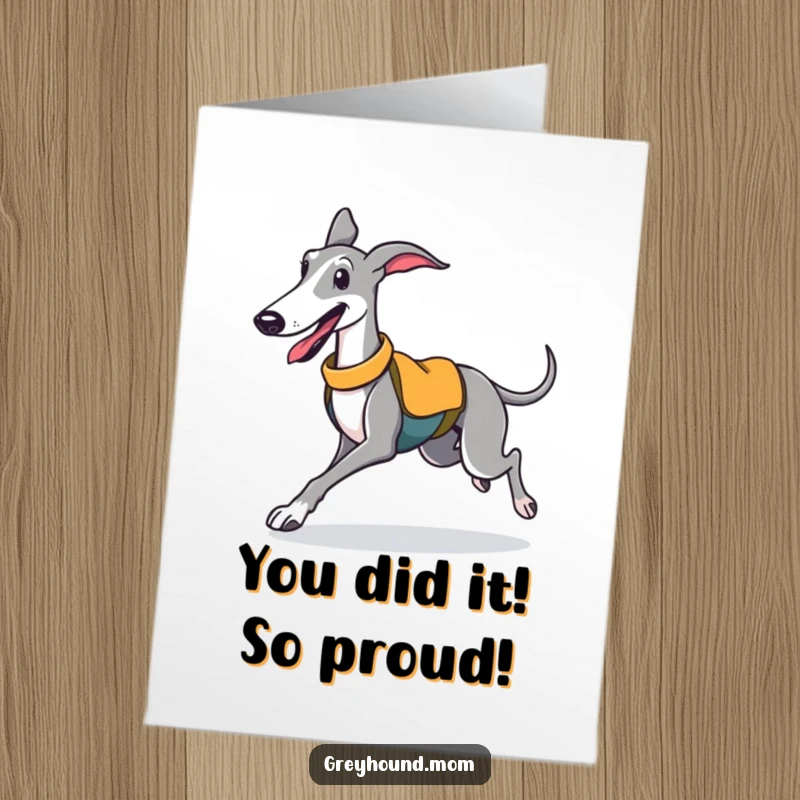 Funny Free Printable Congrats Card: A happy Greyhound in a sporty vest trots with sheer delight