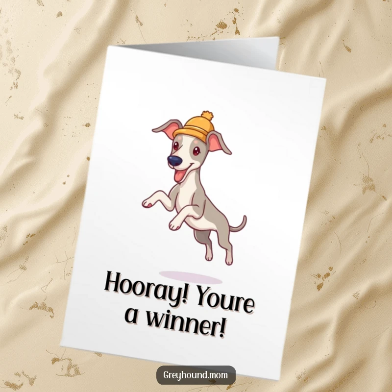 Funny Free Printable Congratulations Card: Greyhound in tiny hat leaping playfully, celebrating a successful jump.
