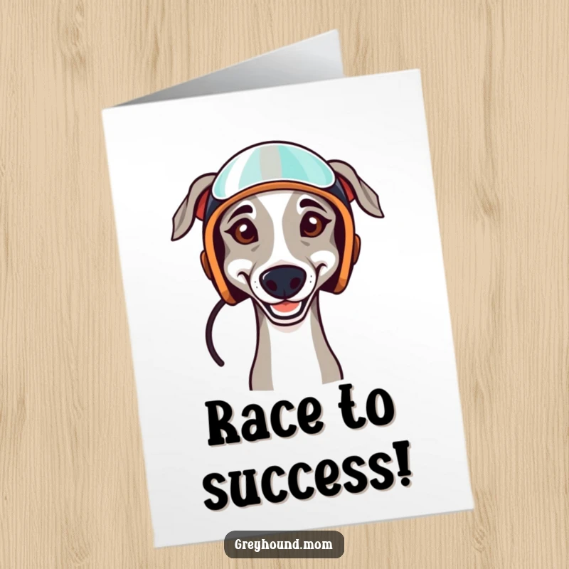 Funny Free Printable Congrats Card: Greyhound with a racing helmet, smiling determinedly, celebrating a victory.