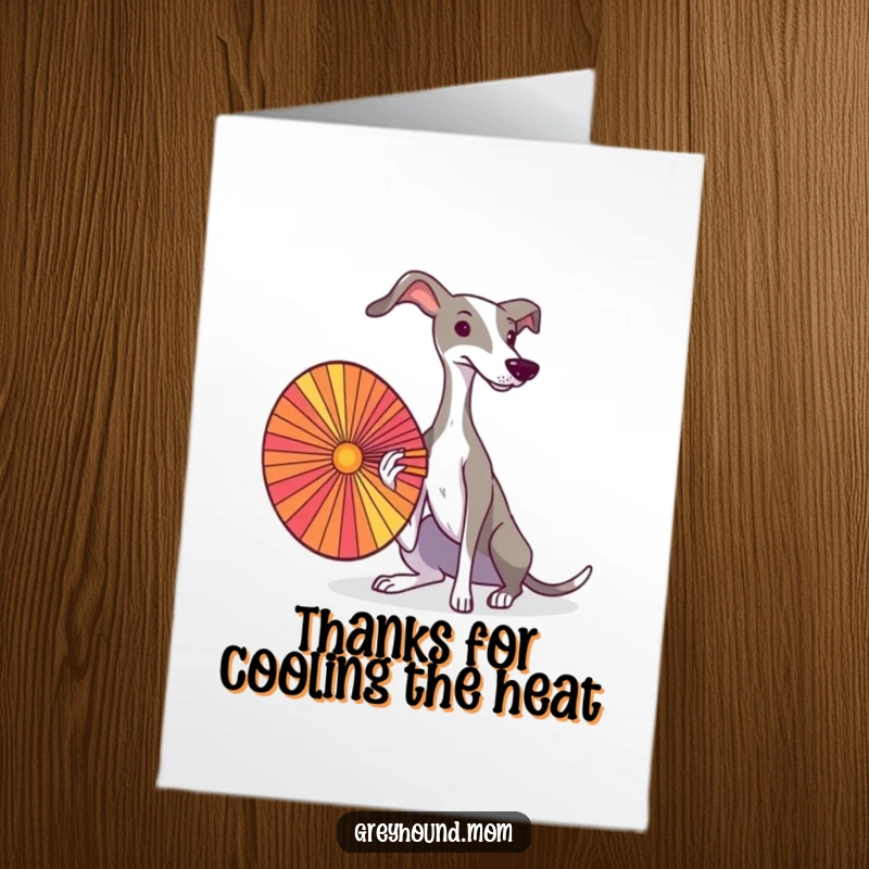 Elegant Free Printable Thank You Card: A graceful Greyhound fans itself with a colorful fan, conveying chic and cool appreciation.