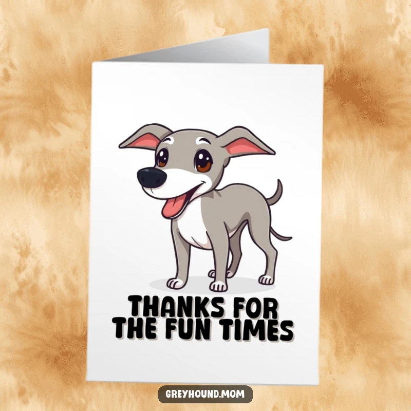 Funny Free Printable Greyhound thank you card, a sleek dog with a cheerful demeanor, ready for fun thanks.