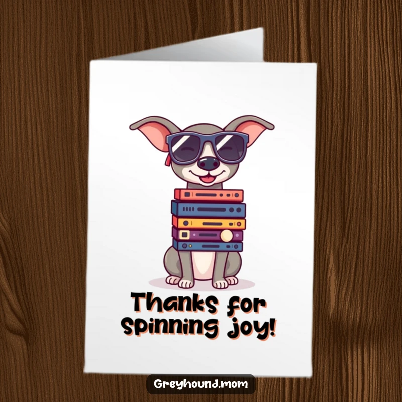 Funny Free Printable Thank You Card: Greyhound wearing sunglasses, skillfully balancing records, cool thanks
