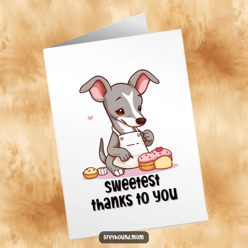 Funny Free Printable Thank You Card: Greyhound in a tiny apron artfully decorating a small pastry, offering sweet thanks with a humorous flair.