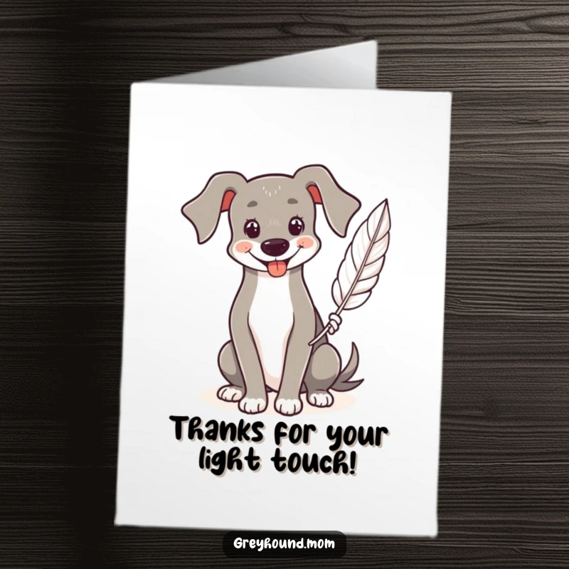 Funny Free Printable Thank You Card: A Greyhound's warm smile accompanies a gracefully held feather.