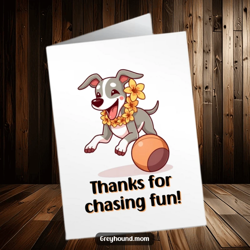 Funny Free Printable Thank You Card: Greyhound with lei, running with pure joy and thanks