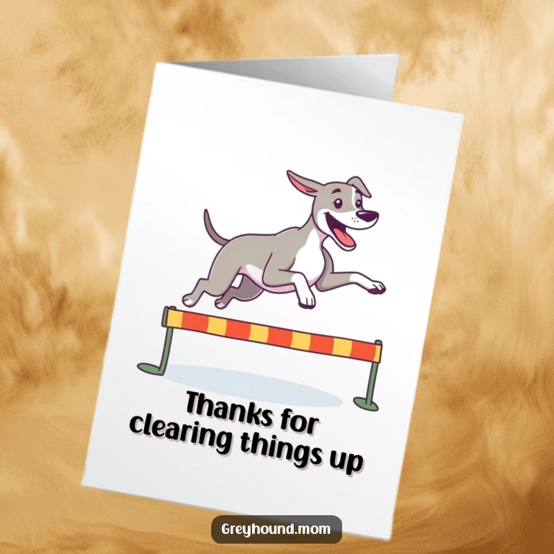 Funny Free Printable Thank You Card: Happy Greyhound leaping joyfully, extending a thank you.