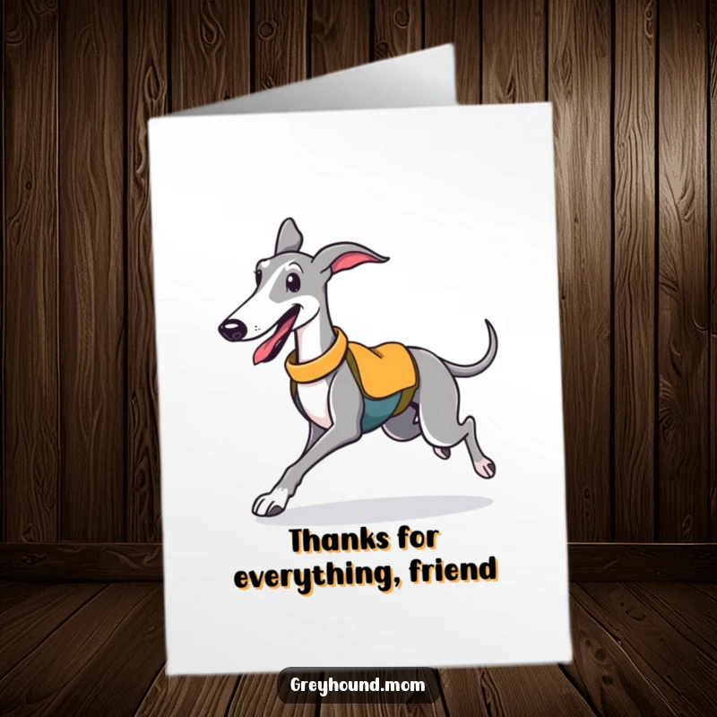Funny Free Printable Thank You Card: A Greyhound in a sporty vest trots happily expressing thanks