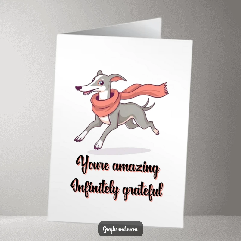 Funny Free Printable Thank You Card: Greyhound in flowing scarf running gracefully, a chic and thankful doggy.