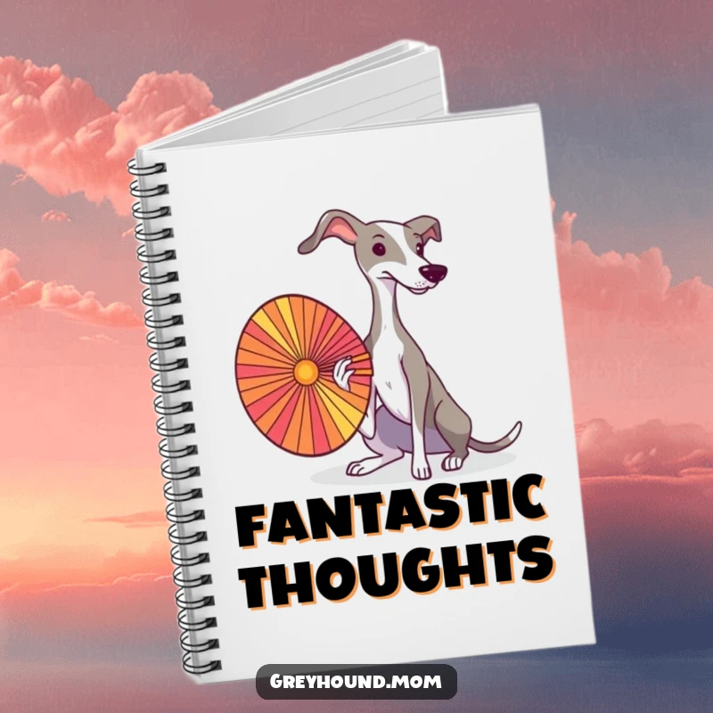 A graceful Greyhound fanning itself with a colorful fan, featured on the cover of a chic notebook.