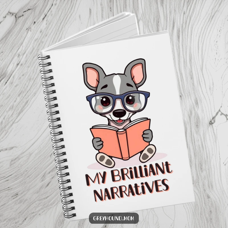 Funny Greyhound wearing reading glasses, enthusiastically reading a book, featured on a notebook cover for writers and book lovers.