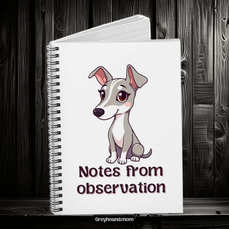 Funny notebook featuring a Greyhound with a gentle gaze, attentively watching and ready for notes.