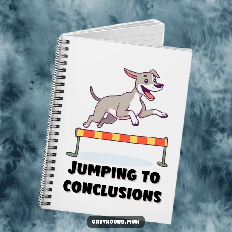Funny Greyhound notebook, a happy dog leaping joyfully over a small hurdle, inspiring athletic goals and achievements.
