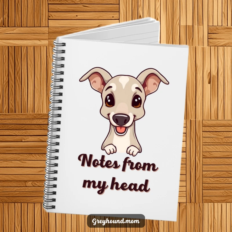 Funny Greyhound notebook with a cheerful dog giving an elegant head nudge, perfect for journaling and creative thinking.