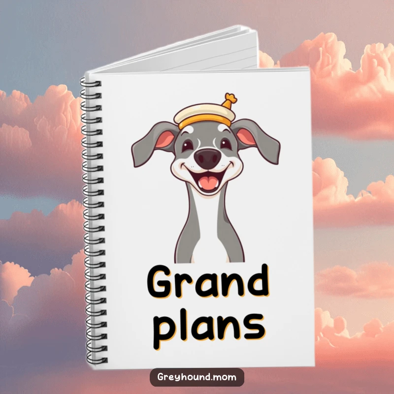 Funny Greyhound wearing a tiny opera hat, joyful grin, humorous notebook for elegant writing.