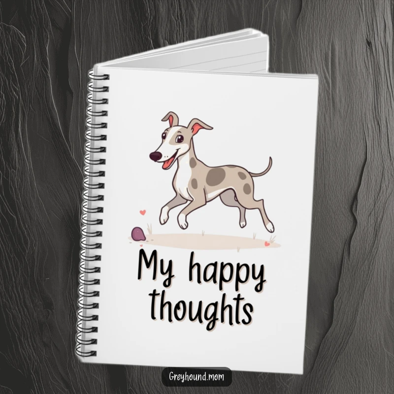 Funny notebook featuring a Greyhound happily prancing and enjoying its surroundings, ready for notes.