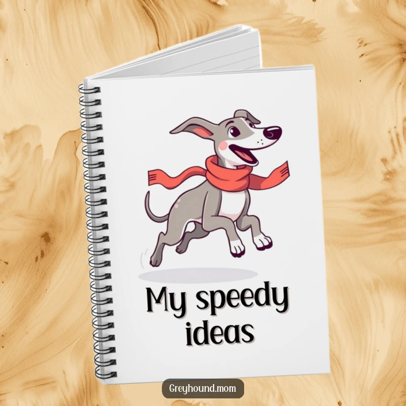 Funny Greyhound wearing a sleek racing scarf, running with pure joy, featured on a notebook cover for fast thinkers and dog lovers.