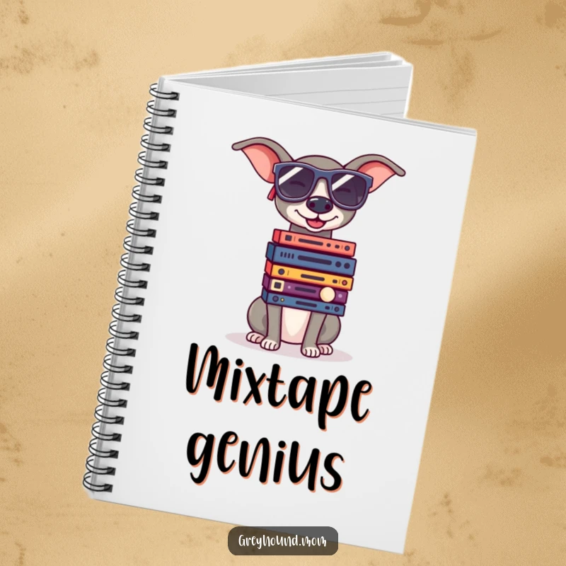 Funny Greyhound wearing oversized sunglasses, balancing small record albums, humorous notebook for music lovers.