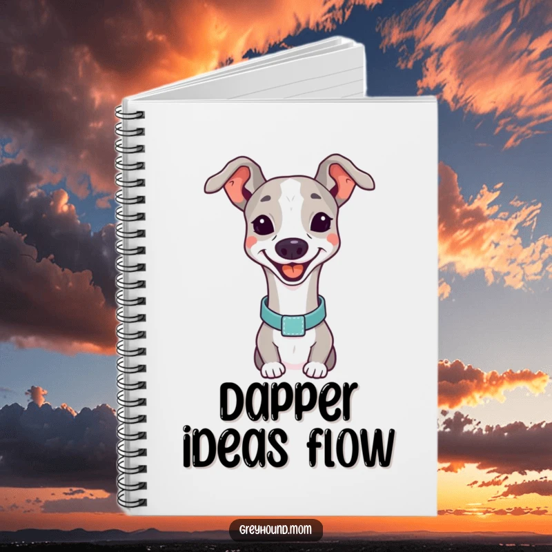 Funny Greyhound happy notebook, a smiling dog with an elegant collar, journaling.