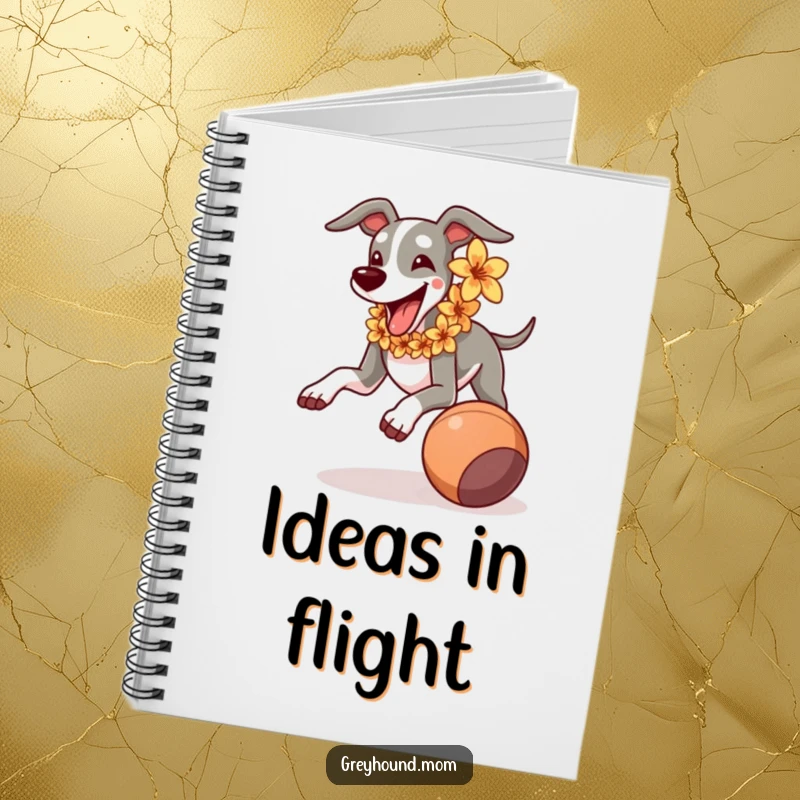 Funny Greyhound wearing a flower lei, joyfully running, chasing a rolling ball, humorous notebook for writing.