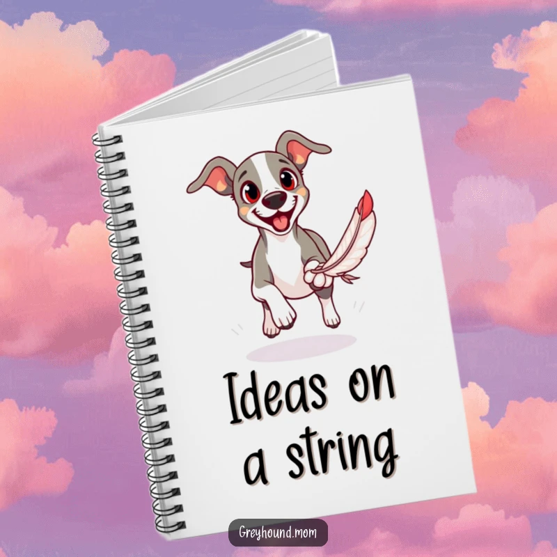Funny notebook featuring a Greyhound with eager eyes, intently chasing a feather toy.