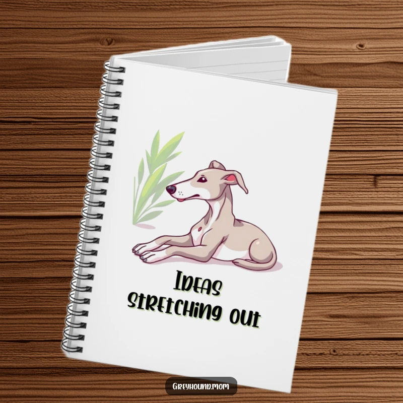 Funny Greyhound notebook, relaxed dog stretching in sun, calm stationery, humorous gift for note-takers.
