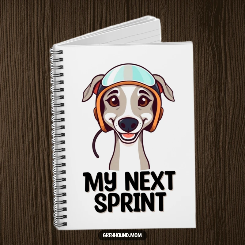 Funny notebook cover with a determined Greyhound wearing a racing helmet, perfect for racing notes and creative ideas.
