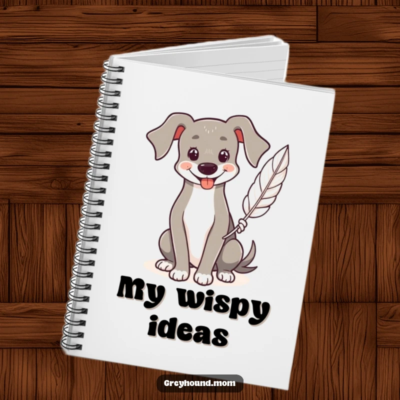 Funny Greyhound notebook, journal featuring a smiling dog holding a feather, perfect for gentle notes.