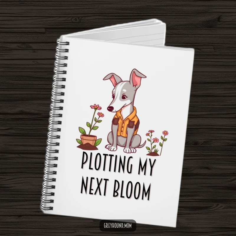 Funny Greyhound gardener notebook, a dog in a vest admiring a small flower, journaling.