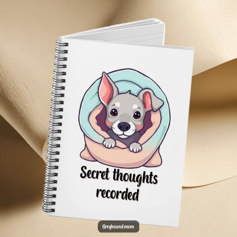 Funny Greyhound notebook, curious dog peeking from a blanket, cute stationery, humorous gift for note-takers.