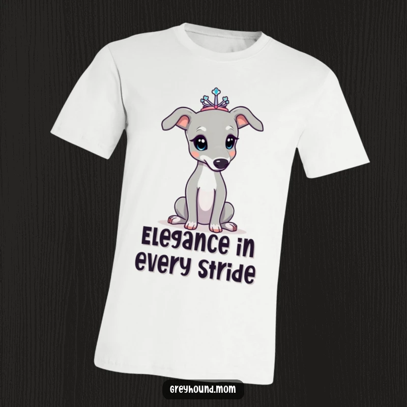 Funny Greyhound t-shirt, the dog wears a small tiara, posing with utmost elegance and style. Ideal funny gift for fashion-forward dog owners.
