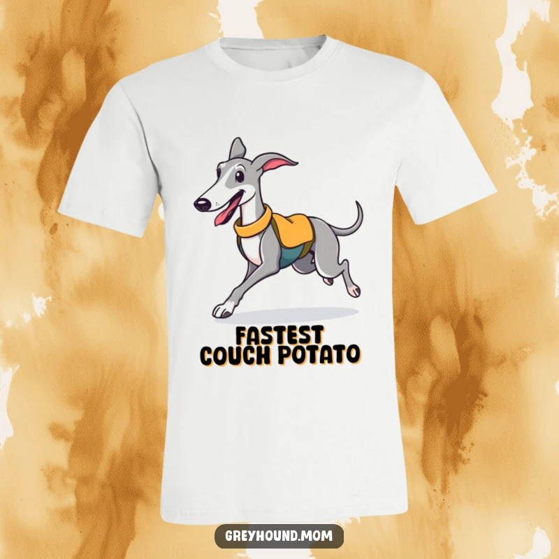 Funny t-shirt showcasing a joyful Greyhound in a sporty vest, captured mid-trot, looking incredibly happy.