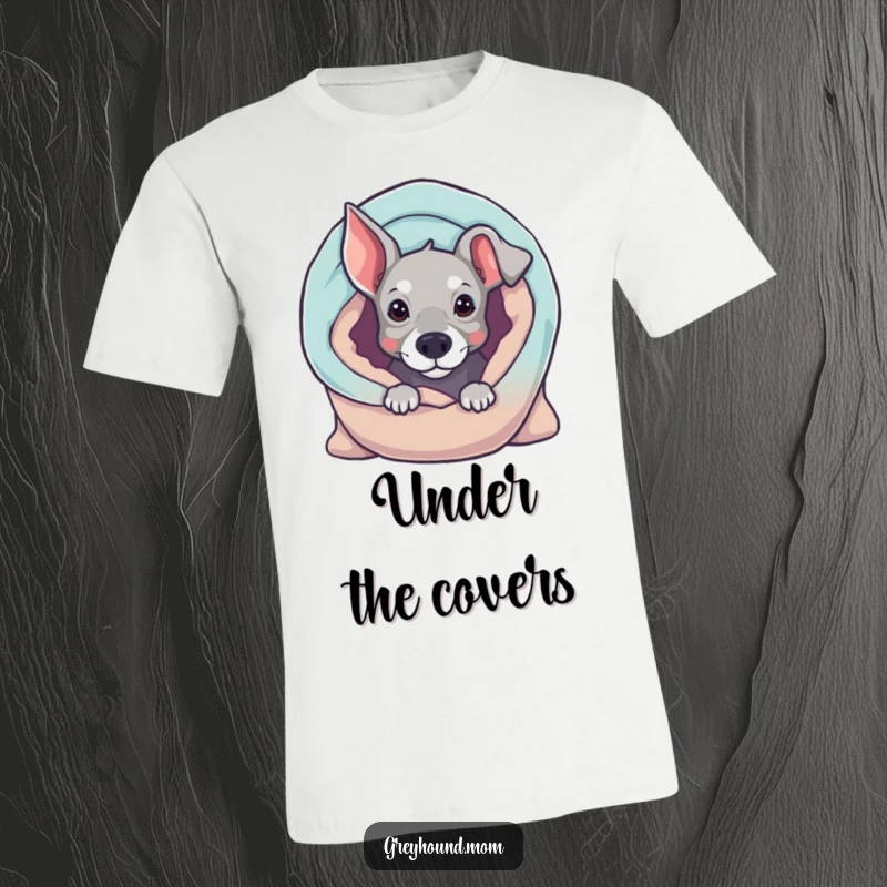 Funny Greyhound t-shirt, curious dog peeking from a soft blanket, shy and cute canine, hilarious gift for dog enthusiasts.